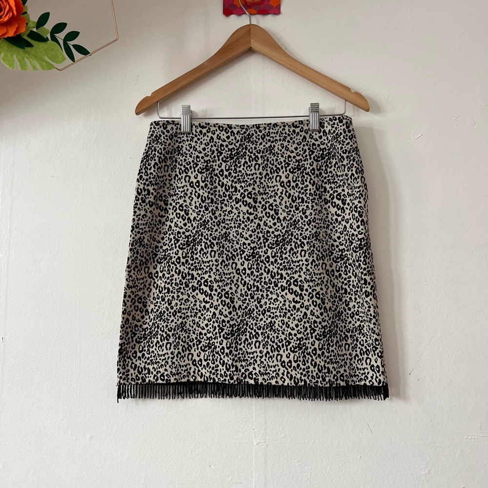 NWOT Harlow sz 8 leopard print mini skirt with black beaded fringe